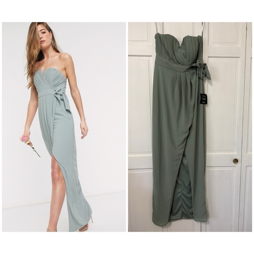 NWT Lulu’s Sage Brush Green Strapless Front Split Bridesmaid Prom Dress Medium